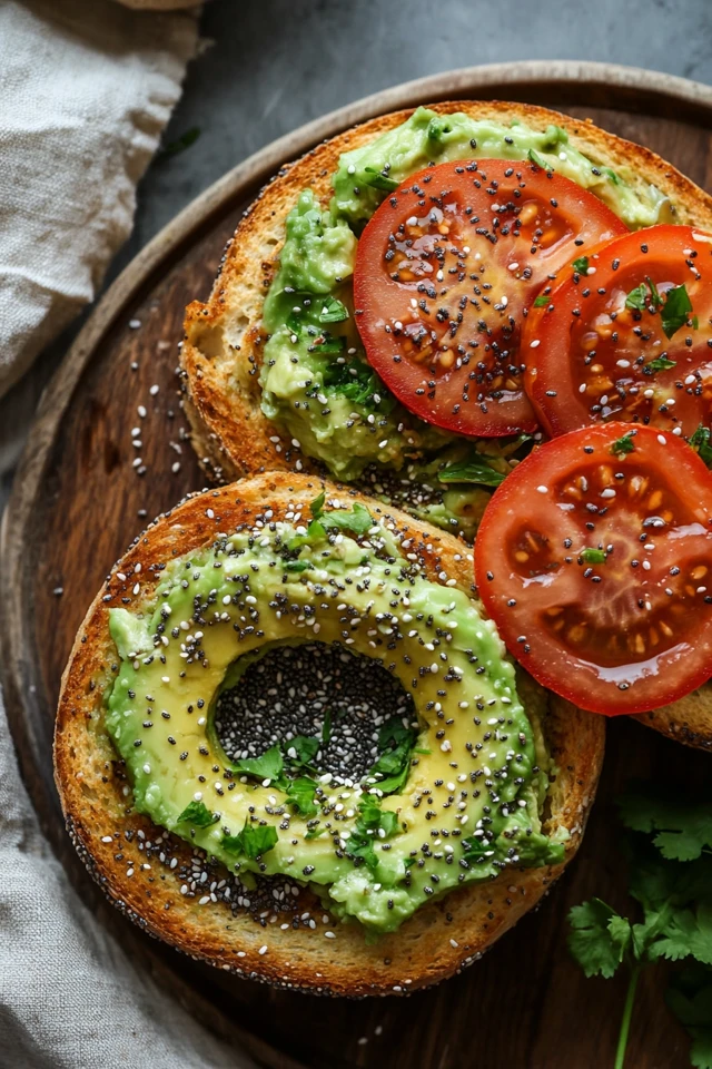 Vegan Smashed Avocado and Tomato Bagel with Chia Seeds