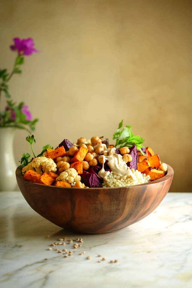 Vibrant Vegan Buddha Bowl with Roasted Veggies & Tahini Drizzle